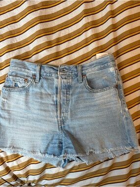 Levi's Ribcage Light Blue Frayed Hem Denim Shorts